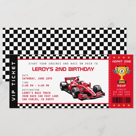 Red Race Car Ticket Pass Jongen Verjaardagsfeestje Kaart (Voorkant / Achterkant)