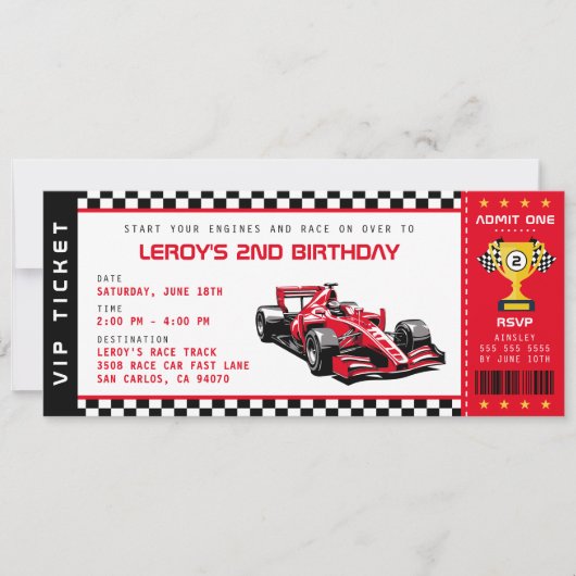 Red Race Car Ticket Pass Jongen Verjaardagsfeestje Kaart (Voorkant)