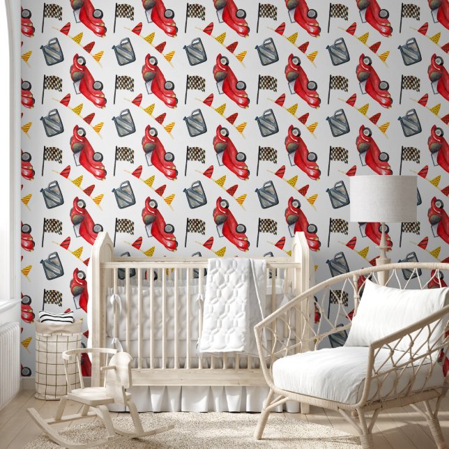 Red Race Cars Boy Seamless Pattern Nursery Room Behang (Kinderen)