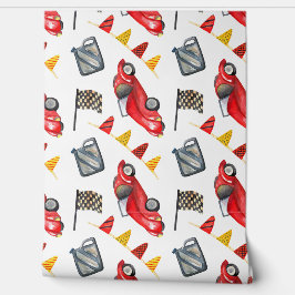 Red Race Cars Boy Seamless Pattern Nursery Room Behang
