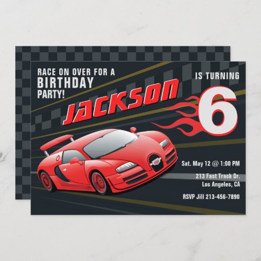 Red Racecar Racing verjaardagsfeestje uitnodiging (Voorkant / Achterkant)