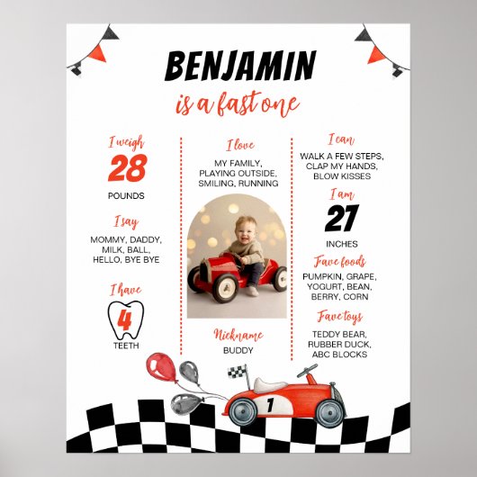 Red Racing Car 1e Verjaardagsfoto Milestone Poster (Voorkant)