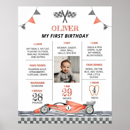 Red Racing Car 1e Verjaardagsfoto Milestone Poster (Voorkant)