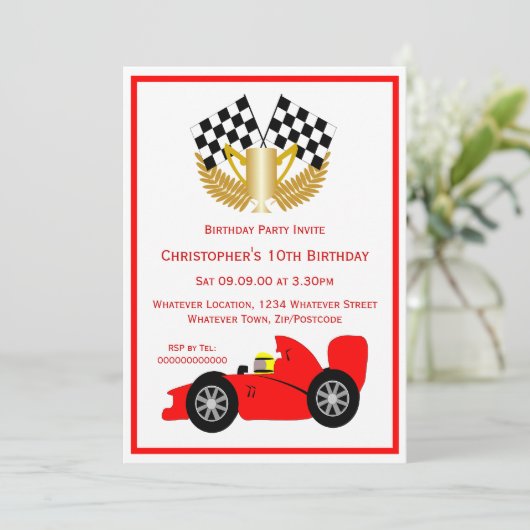 Red Racing Car Birthday Party Kaart (Staand voorkant)