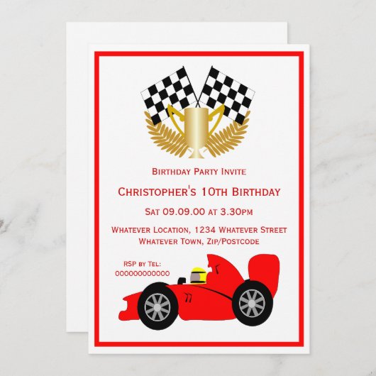 Red Racing Car Birthday Party Kaart (Voorkant / Achterkant)