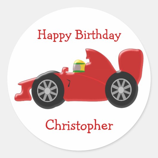 Red Racing Car Birthday Ronde Sticker (Voorkant)