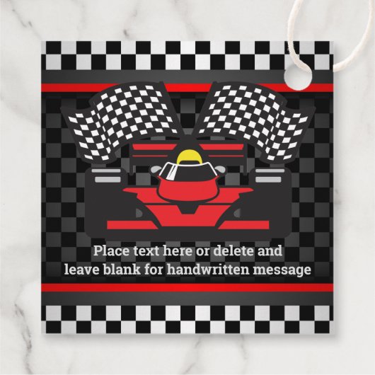 Red Racing Car Checkered Design Favor Kaart Bedankjes Labels (Achterkant)