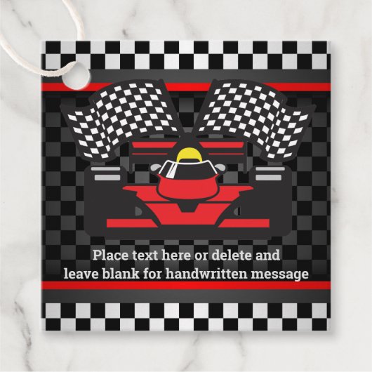 Red Racing Car Checkered Design Favor Kaart Bedankjes Labels (Voorkant)
