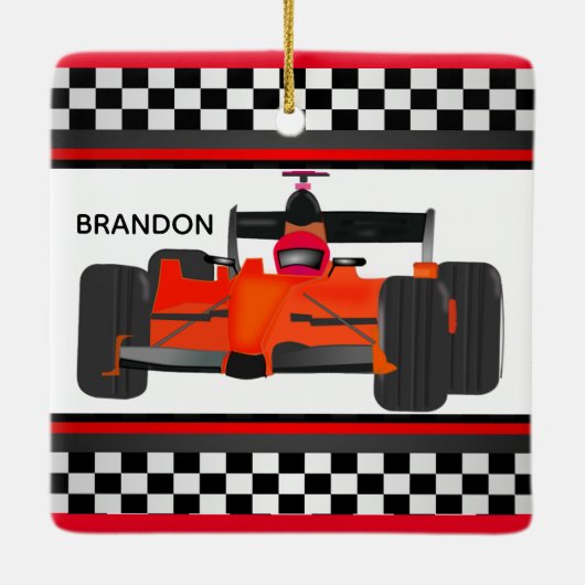 Red Racing Car Checkered Design Square Ornament (Achterkant)