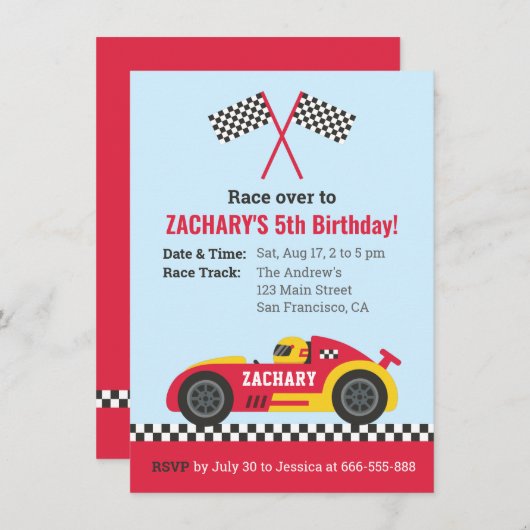 Red Racing Car Kids Verjaardagsfeest Kaart (Voorkant / Achterkant)