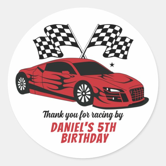Red Racing Car voor kinderen - Birthday Party Ronde Sticker (Voorkant)