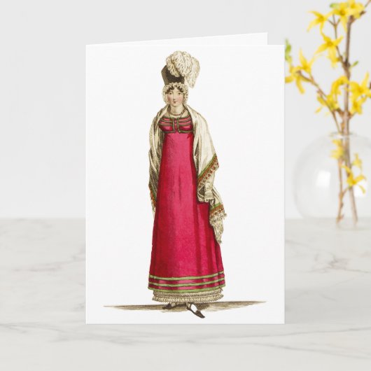 Red Regency Dress, Mode Tekening 1800's Kaart (Gele Bloem)