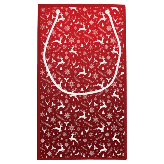 Red Reindeer Pattern Merry Kerstsnowflakes Klein Cadeauzakje (Achterkant)