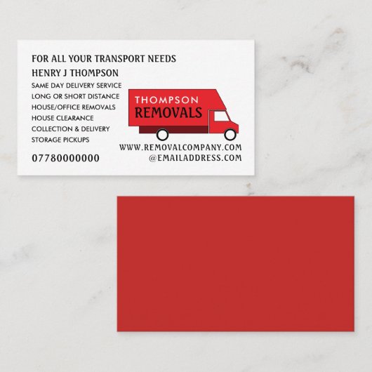 Red Removal Van, verwijderend Bedrijf Visitekaartje (Voorkant / Achterkant)