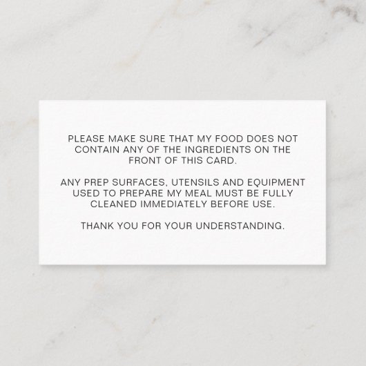 Red Restaurant Food Allergy Alert Kaart Contactkaartje (Achterkant)