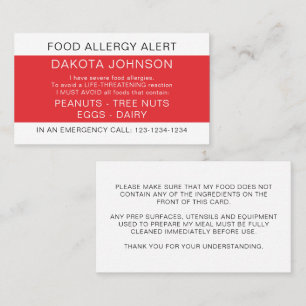 Red Restaurant Food Allergy Alert Kaart Contactkaartje