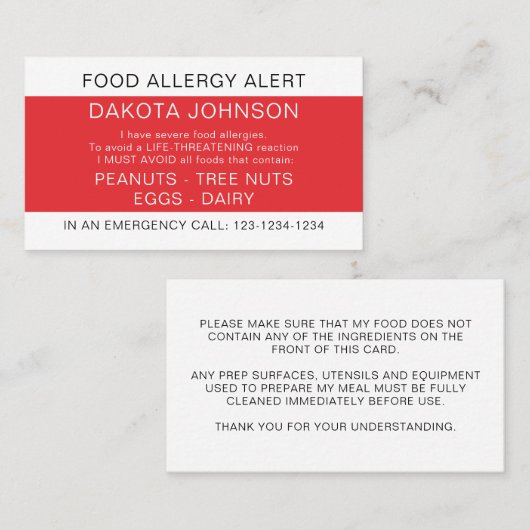 Red Restaurant Food Allergy Alert Kaart Contactkaartje (Voorkant / Achterkant)