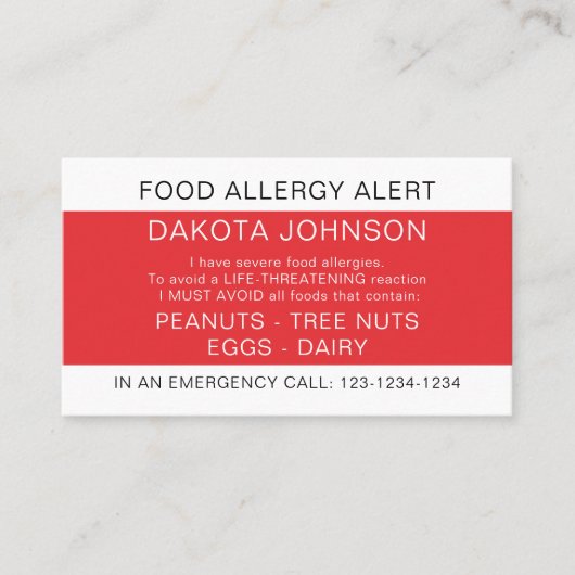 Red Restaurant Food Allergy Alert Kaart Contactkaartje (Voorkant)