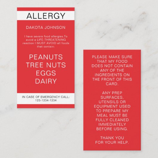 Red Restaurant Food Allergy Alert Kaart Contactkaartje (Voorkant / Achterkant)