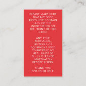 Red Restaurant Food Allergy Alert Kind Contactkaartje (Achterkant)