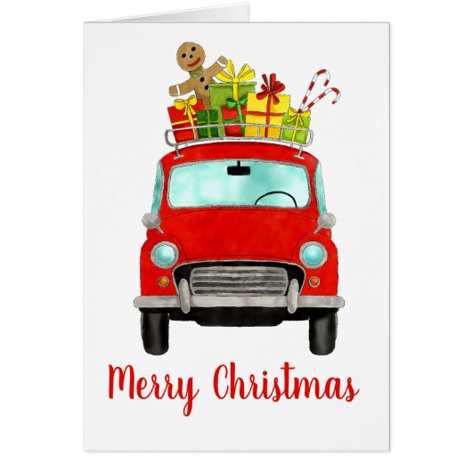 Red Retro-auto met kerstcadeaus (Voorkant)