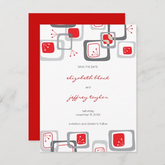 Red Retro Cherry Squares Mod Art Bewaar de datum Aankondigingskaart (Voorkant / Achterkant)