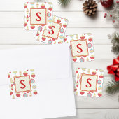 Red Retro Christmas Ornament Monogram Vierkante Sticker