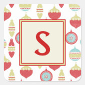 Red Retro Christmas Ornament Monogram Vierkante Sticker (Voorkant)