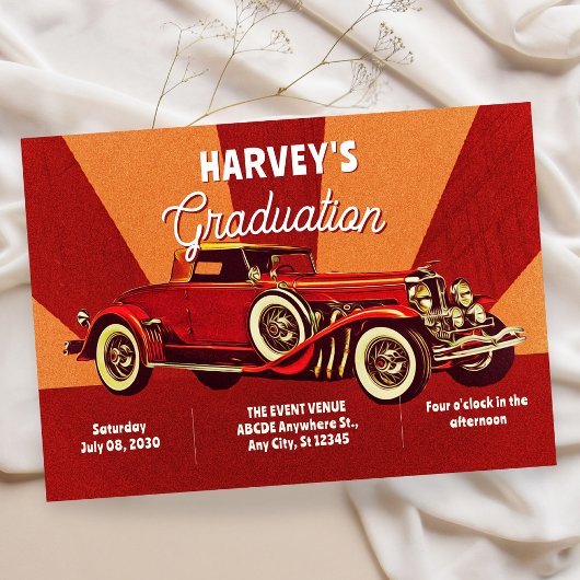Red retro classic car graduation kaart