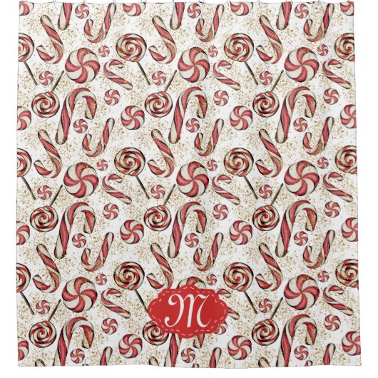 Red Retro Festive Candy Cane Pattern Monogram Show Douchegordijn (Voorkant)