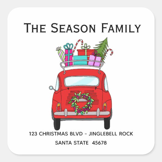 Red Retro Fiat 500 met kerstcadeaus Vierkante Sticker (Voorkant)