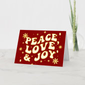 Red Retro Groovy Peace Love Joy Christmas Folie Feestdagenkaart (Voorkant)