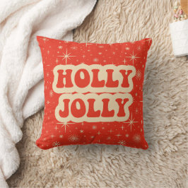 Red Retro Groovy Vintage Kerstmis Holly Jolly Kussen