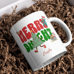Red Retro Merry Bright Naam Kerstboom Mok