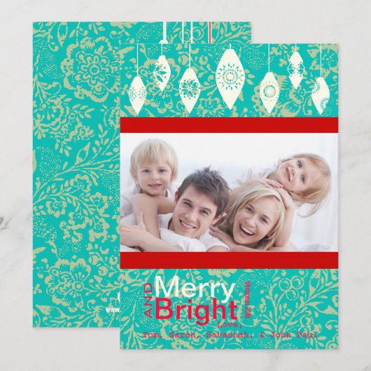 Red Retro Merry en Bright Family Photo Card Feestdagenkaart (Voorkant / Achterkant)