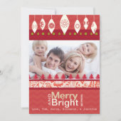 Red Retro Merry en Bright Family Photo Card Feestdagenkaart (Voorkant)