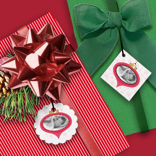 Red Retro Photo Ornament Bedankjes Labels