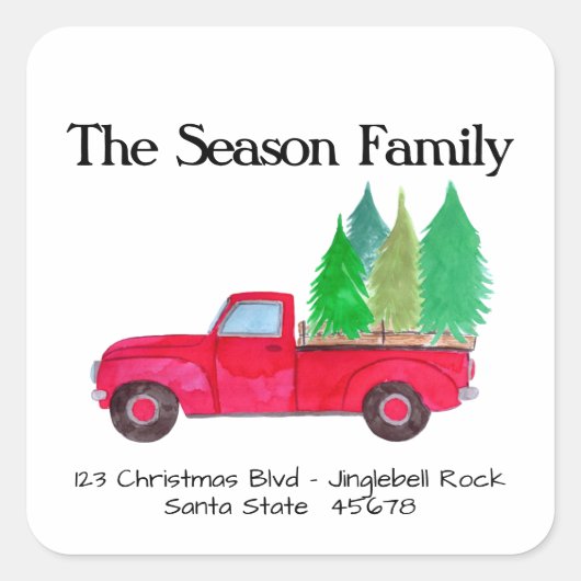 Red retro Pickup Truck with trees Vierkante Sticker (Voorkant)