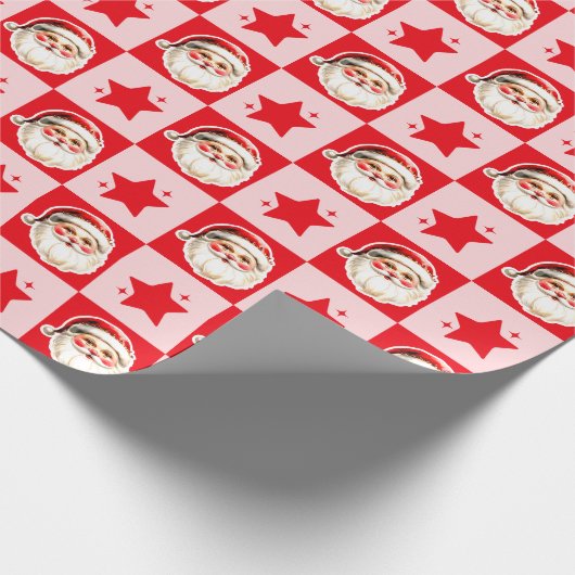 Red Retro Santa Claus Red Tartan Plaid Christmas Cadeaupapier (Hoek)