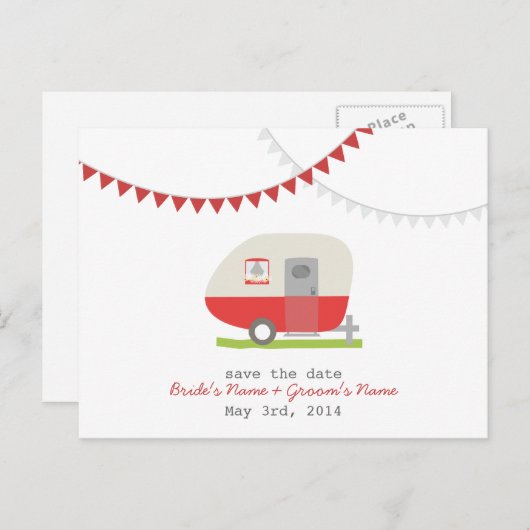 Red Retro Trailer Wedding Save The Date Briefkaart (Voorkant / Achterkant)