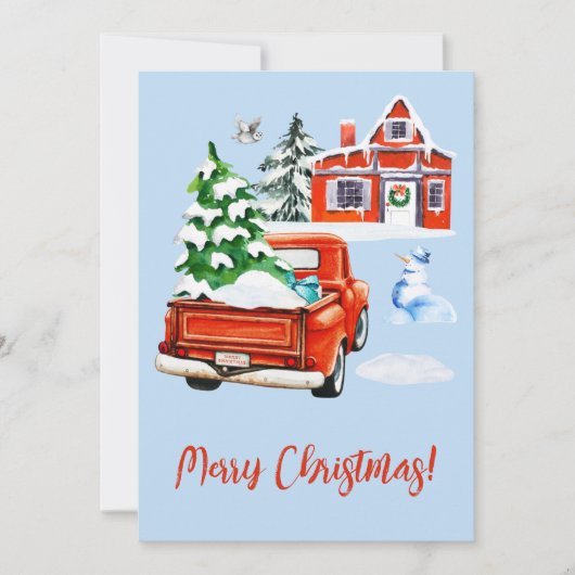 Red Retro Truck met kerstboom House Snowman Feestdagenkaart (Voorkant)