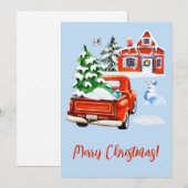 Red Retro Truck met kerstboom House Snowman Feestdagenkaart (Voorkant / Achterkant)