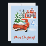 Red Retro Truck met kerstboom House Snowman Feestdagenkaart<br><div class="desc">Mooi vakantiemodel. Rode  vrachtwagen met kerstboom op de rug,  sneeuwman,  rood feesthuis en schattige vliegende uil.</div>