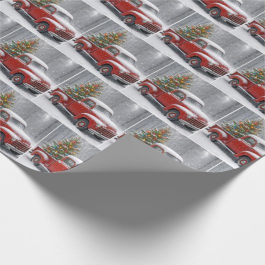 Red Retro Truck With Christmas Tree Cadeaupapier (Hoek)
