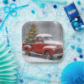 Red Retro Truck With Christmas Tree Papieren Bordje (Feest)