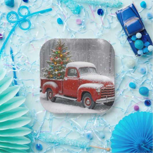 Red Retro Truck With Christmas Tree Papieren Bordje (Feest)