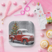 Red Retro Truck With Christmas Tree Papieren Bordje (Feest)