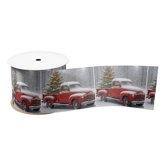 Red Retro Truck With Christmas Tree Satijnen Lint (Spoel)
