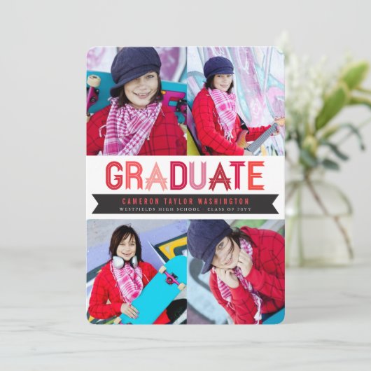 Red Ribbon Afstuderen Fotogradatie Party Kaart (Staand voorkant)