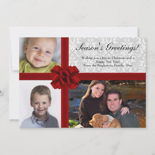Red Ribbon Bow, 3-Photo Holiday Greeting Card Feestdagenkaart (Voorkant)